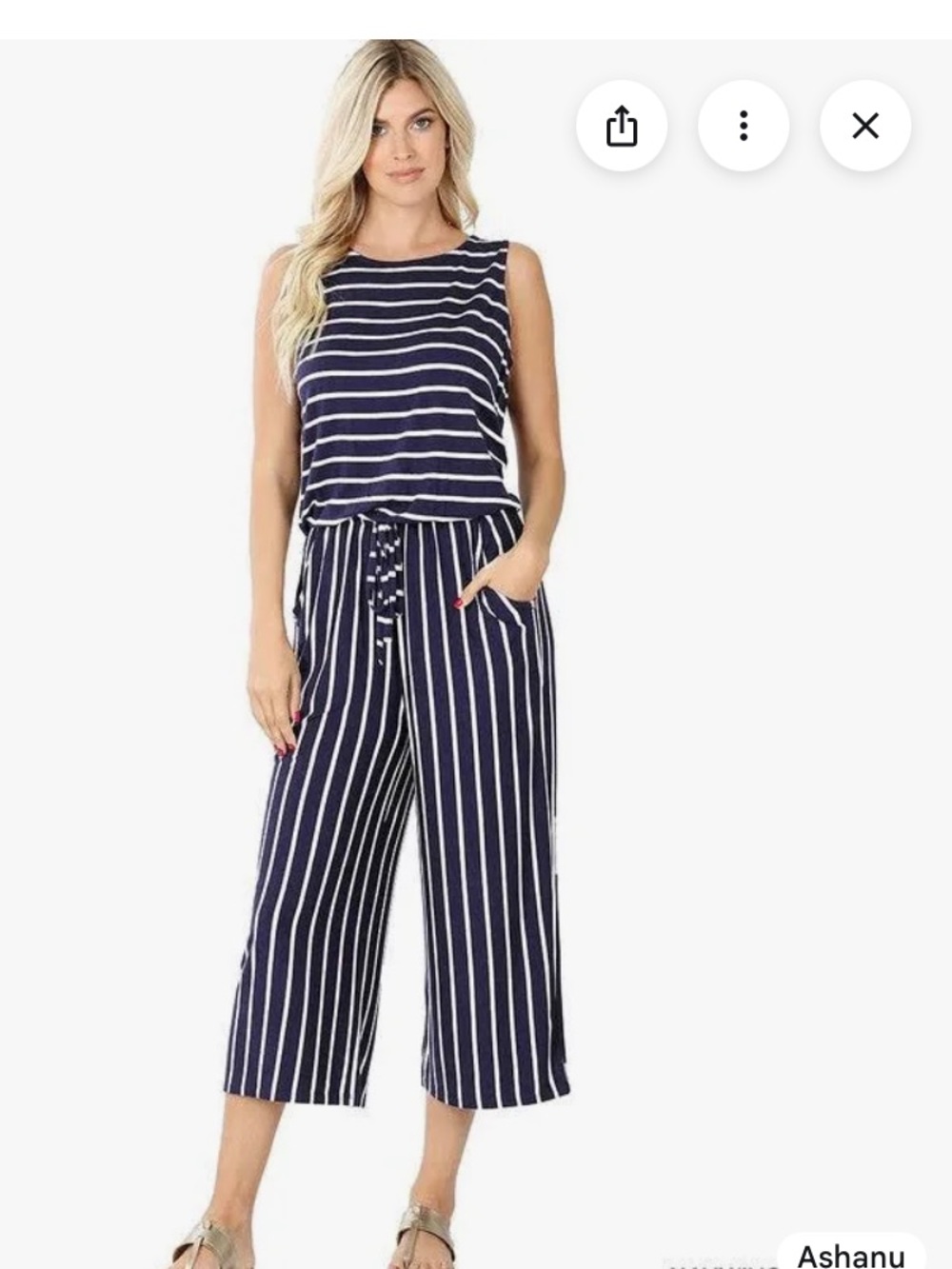 4/$10 Zenana Striped Cropped Navy and White Sleeveless Jumpsuit Size Large
